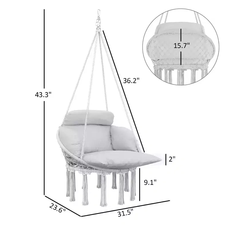 Hanging Hammock Chair with Cushion Steel Frame and Boho Fringe Indoor Outdoor
