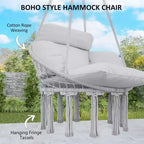 Hanging Hammock Chair with Cushion Steel Frame and Boho Fringe Indoor Outdoor