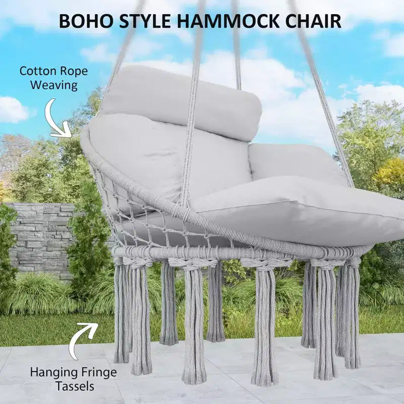 Hanging Hammock Chair with Cushion Steel Frame and Boho Fringe Indoor Outdoor