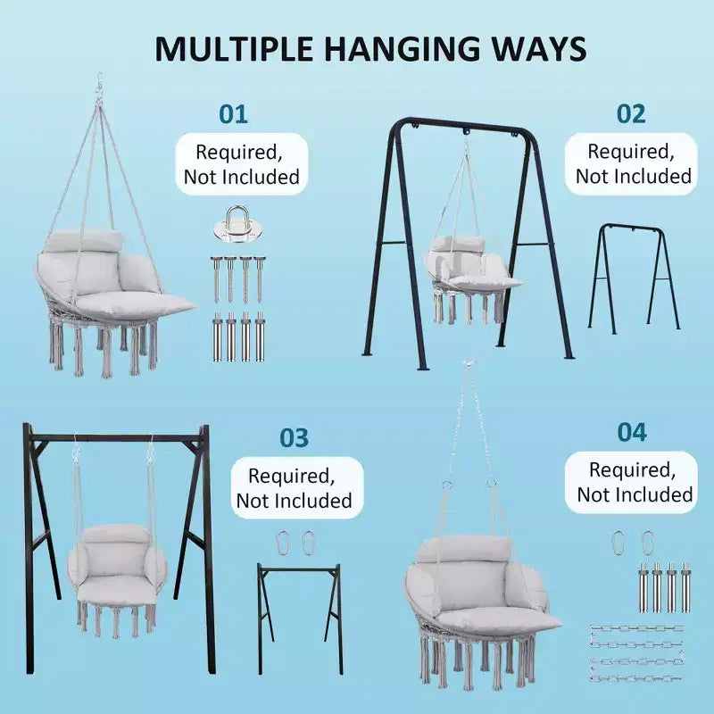 Hanging Hammock Chair with Cushion Steel Frame and Boho Fringe Indoor Outdoor