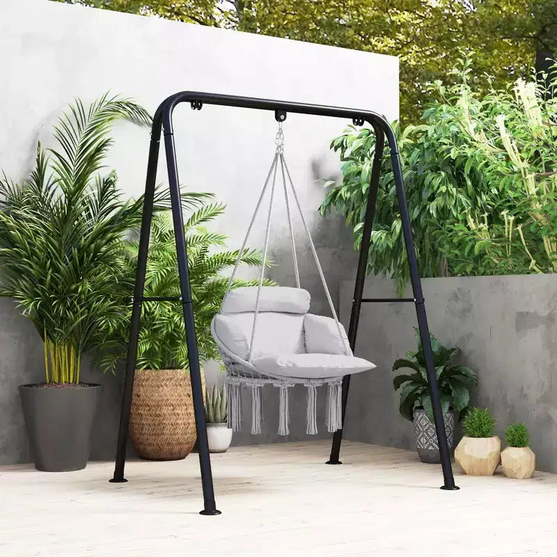 Hanging Hammock Chair with Cushion Steel Frame and Boho Fringe Indoor Outdoor