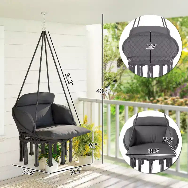 Hanging Hammock Chair with Cushion and Steel Frame Boho Style Indoor Outdoor