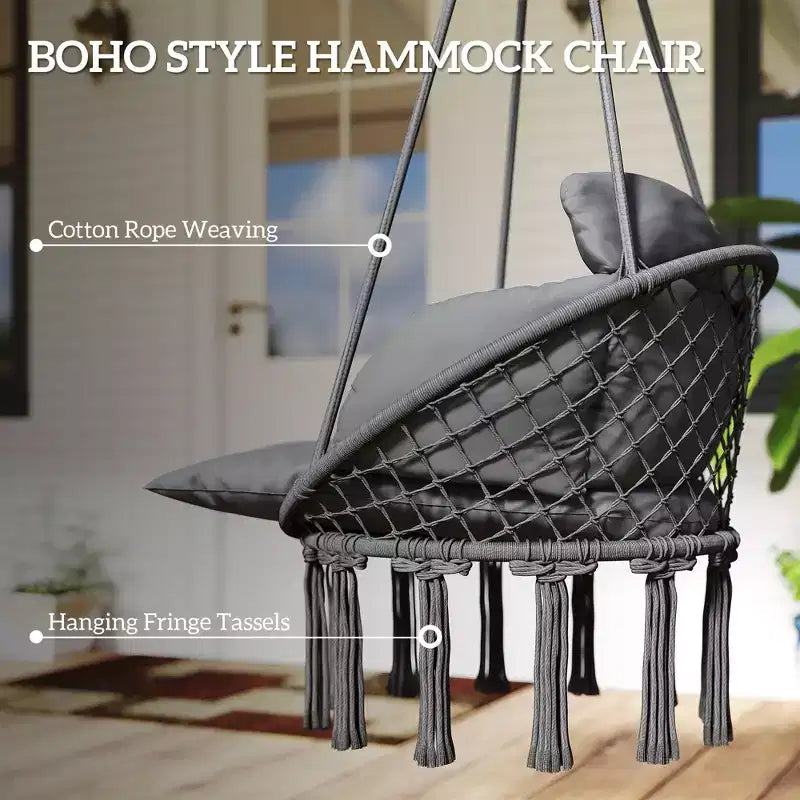 Hanging Hammock Chair with Cushion and Steel Frame Boho Style Indoor Outdoor