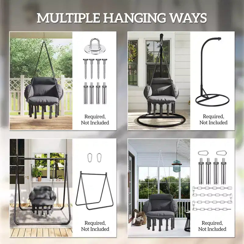 Hanging Hammock Chair with Cushion and Steel Frame Boho Style Indoor Outdoor
