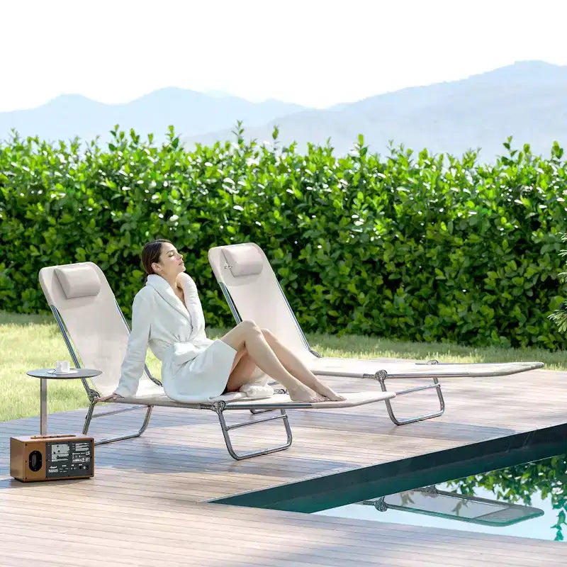 2 Piece Folding Chaise Lounge Chairs, Pool Sun Tanning Chairs with Reclining Back, Breathable Mesh Seat, Headrest for Beach, Patio