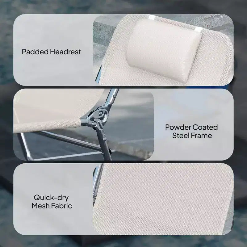 2 Piece Folding Chaise Lounge Chairs, Pool Sun Tanning Chairs with Reclining Back, Breathable Mesh Seat, Headrest for Beach, Patio