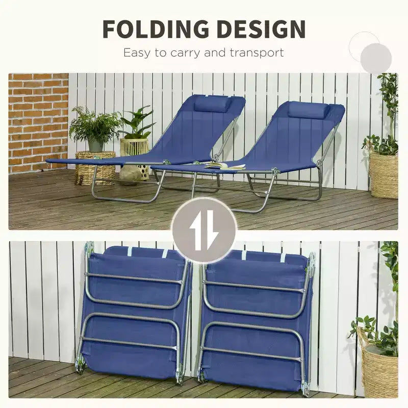 2 Piece Folding Chaise Lounge Chairs, Pool Sun Tanning Chairs with Reclining Back, Breathable Mesh Seat, Headrest for Beach, Patio