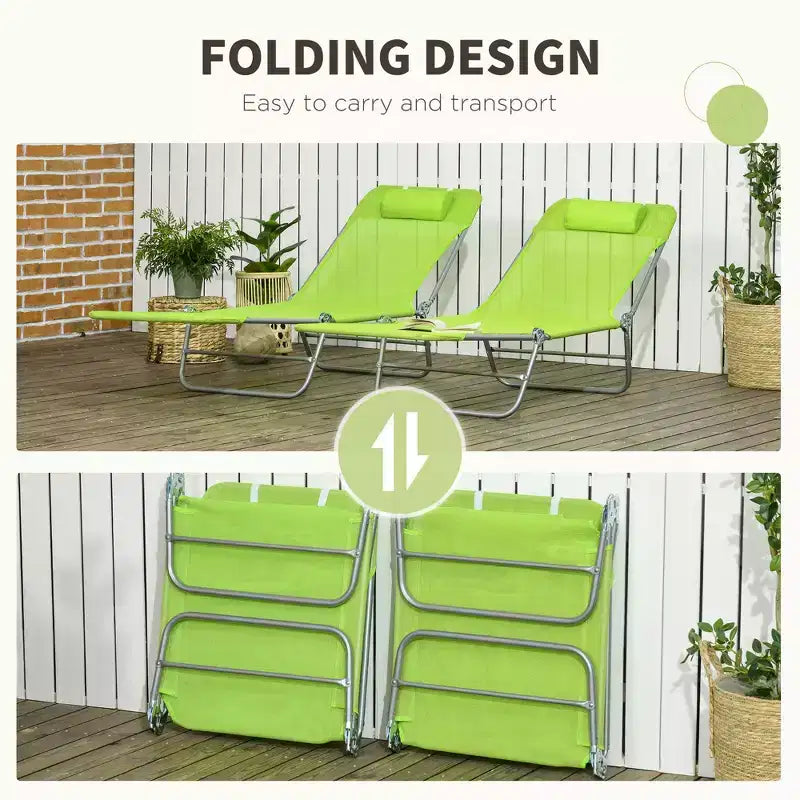 2 Piece Folding Chaise Lounge Chairs, Pool Sun Tanning Chairs with Reclining Back, Breathable Mesh Seat, Headrest for Beach, Patio