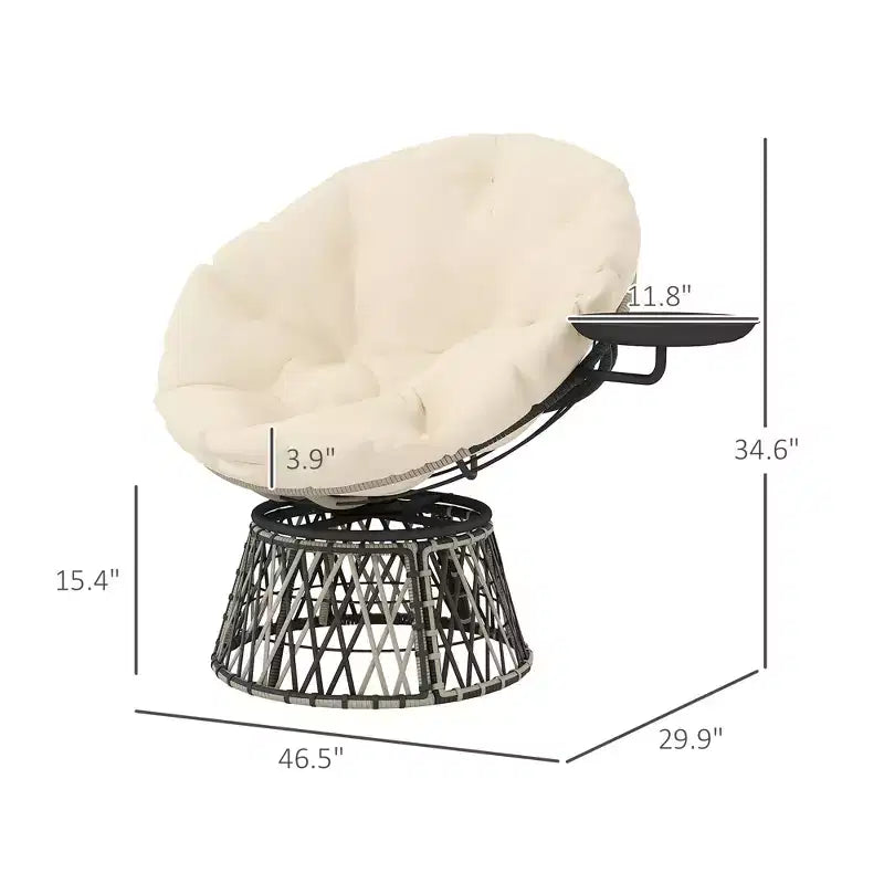 360 Degree Swivel Outdoor Papasan Chair, 39 Overstuffed Circle Chair with Side Tray, Thick Cushion for Indoor Patio