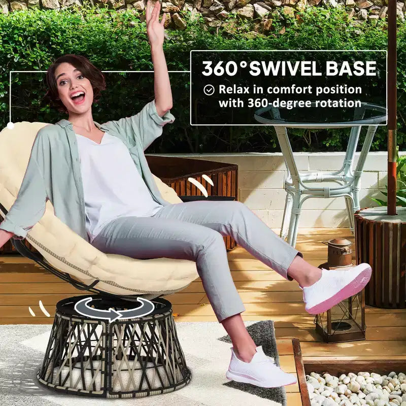 360 Degree Swivel Outdoor Papasan Chair, 39 Overstuffed Circle Chair with Side Tray, Thick Cushion for Indoor Patio