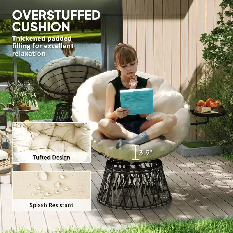 360 Degree Swivel Outdoor Papasan Chair, 39 Overstuffed Circle Chair with Side Tray, Thick Cushion for Indoor Patio
