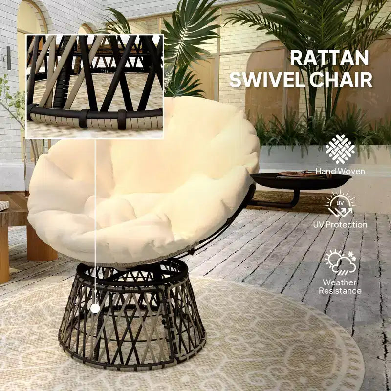 360 Degree Swivel Outdoor Papasan Chair, 39 Overstuffed Circle Chair with Side Tray, Thick Cushion for Indoor Patio