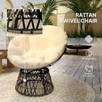 360 Degree Swivel Outdoor Papasan Chair, 39 Overstuffed Circle Chair with Side Tray, Thick Cushion for Indoor Patio