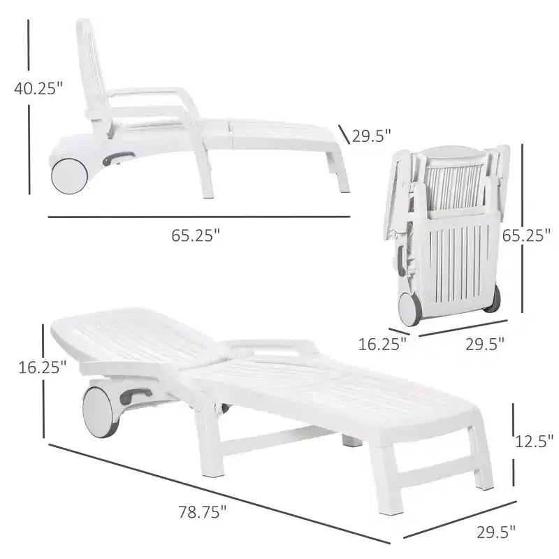 Outdoor Chaise Lounge Chair on Wheels with Storage Box, Waterproof Lounger with Quick Assembly, Folding Design, 5 Level Adjustable Backrest for Pool