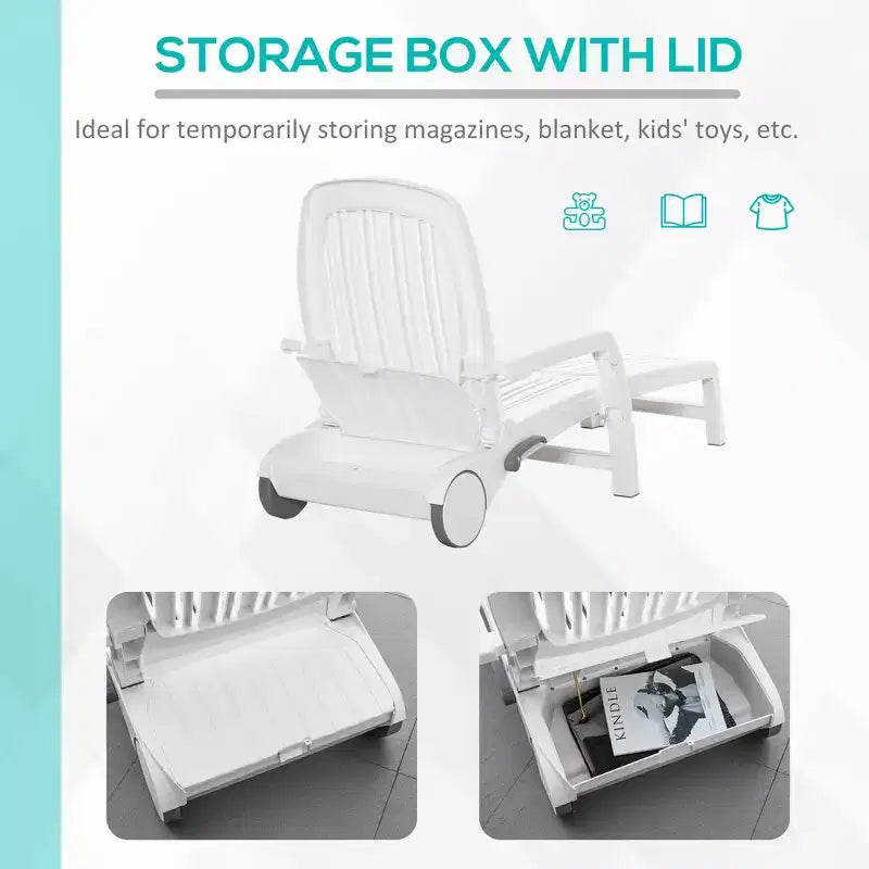 Outdoor Chaise Lounge Chair on Wheels with Storage Box, Waterproof Lounger with Quick Assembly, Folding Design, 5 Level Adjustable Backrest for Pool