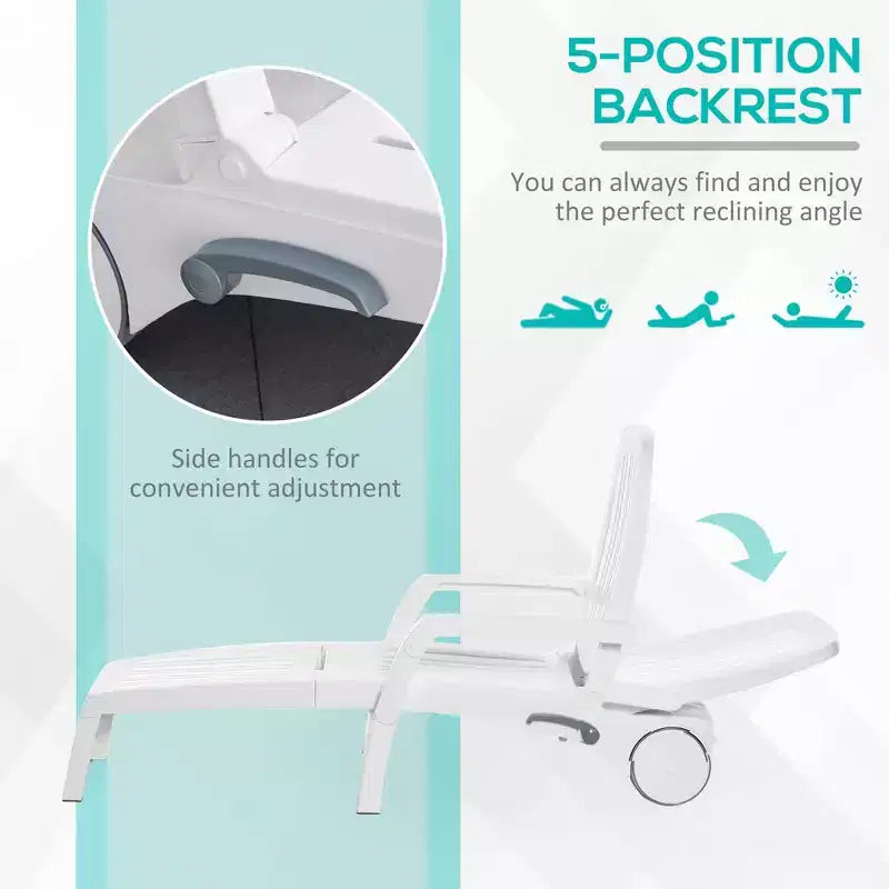 Outdoor Chaise Lounge Chair on Wheels with Storage Box, Waterproof Lounger with Quick Assembly, Folding Design, 5 Level Adjustable Backrest for Pool