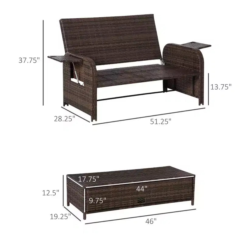 Lettino da giorno in rattan da esterno con cuscini, lettino da esterno in vimini con divanetto, pouf contenitore e tavolini, per bordo piscina, portico