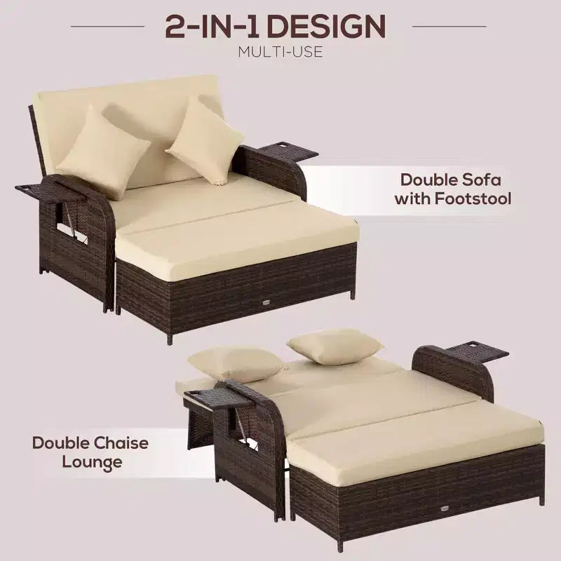 Lettino da giorno in rattan da esterno con cuscini, lettino da esterno in vimini con divanetto, pouf contenitore e tavolini, per bordo piscina, portico