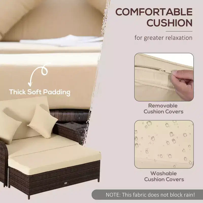 Lettino da giorno in rattan da esterno con cuscini, lettino da esterno in vimini con divanetto, pouf contenitore e tavolini, per bordo piscina, portico