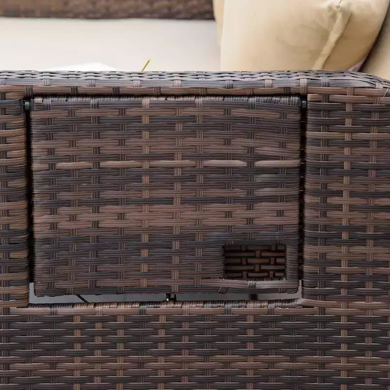 Lettino da giorno in rattan da esterno con cuscini, lettino da esterno in vimini con divanetto, pouf contenitore e tavolini, per bordo piscina, portico