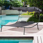 Patio Double Chaise Lounge Chair, Outdoor Wheeled Hammock Daybed with Adjustable Canopy and Pillow for Sun Room, Garden, or Poolside