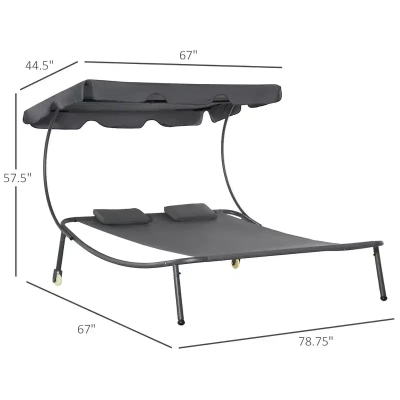 Patio Double Chaise Lounge Chair, Outdoor Wheeled Hammock Daybed with Adjustable Canopy and Pillow for Sun Room, Garden, or Poolside
