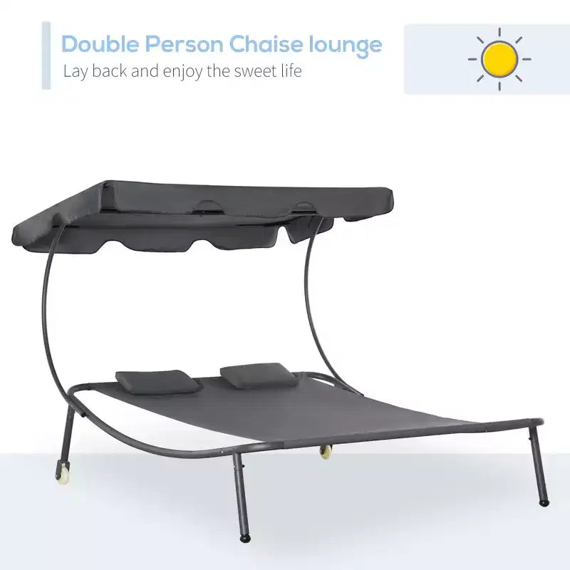 Patio Double Chaise Lounge Chair, Outdoor Wheeled Hammock Daybed with Adjustable Canopy and Pillow for Sun Room, Garden, or Poolside