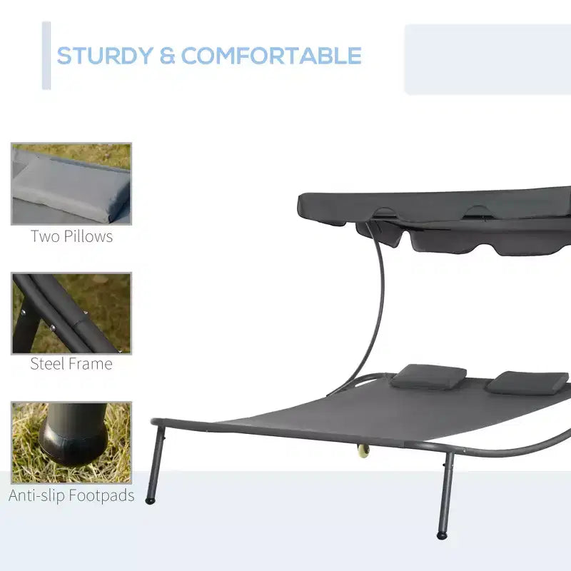 Patio Double Chaise Lounge Chair, Outdoor Wheeled Hammock Daybed with Adjustable Canopy and Pillow for Sun Room, Garden, or Poolside