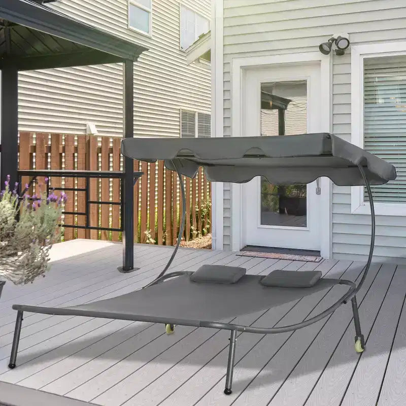 Patio Double Chaise Lounge Chair, Outdoor Wheeled Hammock Daybed with Adjustable Canopy and Pillow for Sun Room, Garden, or Poolside