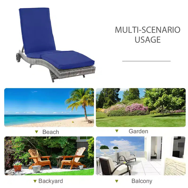 Patio Wicker Chaise Lounge Chair, Outdoor PE Rattan Sun lounger with Adjustable Backrest and 2 Wheels