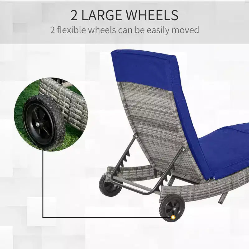 Patio Wicker Chaise Lounge Chair, Outdoor PE Rattan Sun lounger with Adjustable Backrest and 2 Wheels