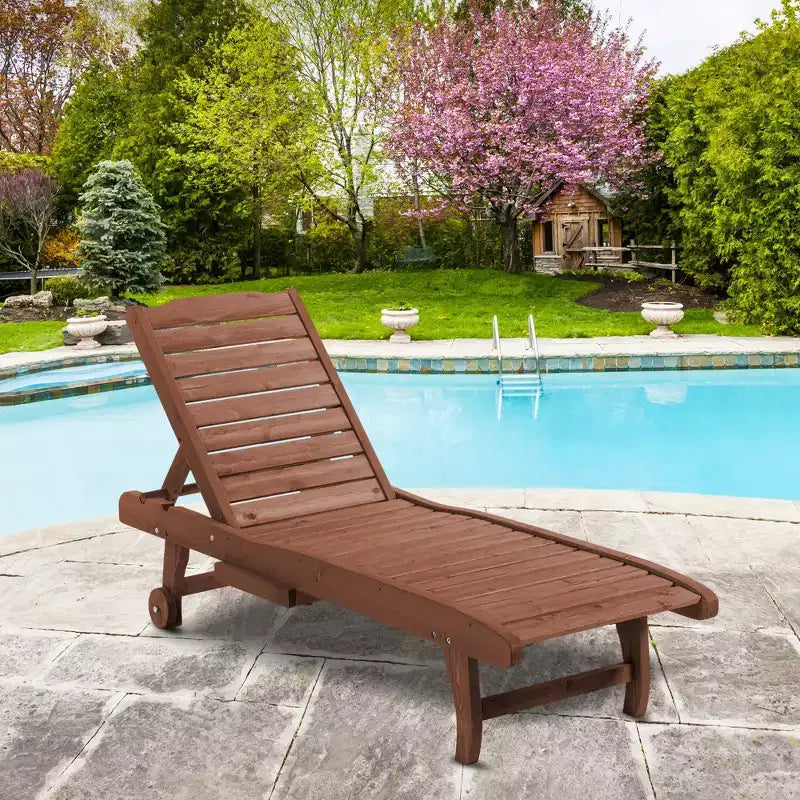 Chaise Lounge Chair Outdoor Wooden Pool Lounge Chair with 3-level Adjustable Backrest, Built-In Table and Rolling Wheels