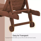 Chaise Lounge Chair Outdoor Wooden Pool Lounge Chair with 3-level Adjustable Backrest, Built-In Table and Rolling Wheels