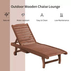 Chaise Lounge Chair Outdoor Wooden Pool Lounge Chair with 3-level Adjustable Backrest, Built-In Table and Rolling Wheels