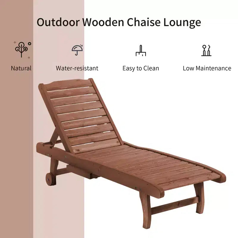 Chaise Lounge Chair Outdoor Wooden Pool Lounge Chair with 3-level Adjustable Backrest, Built-In Table and Rolling Wheels