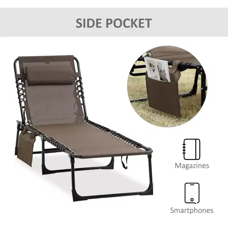 Sedia a sdraio reclinabile, lettino prendisole portatile, brandina pieghevole da campeggio con schienale regolabile e cuscino rimovibile, per patio, giardino, spiaggia