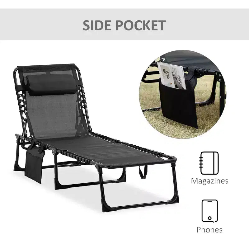 Sedia a sdraio reclinabile, lettino prendisole portatile, brandina pieghevole da campeggio con schienale regolabile e cuscino rimovibile, per patio, giardino, spiaggia