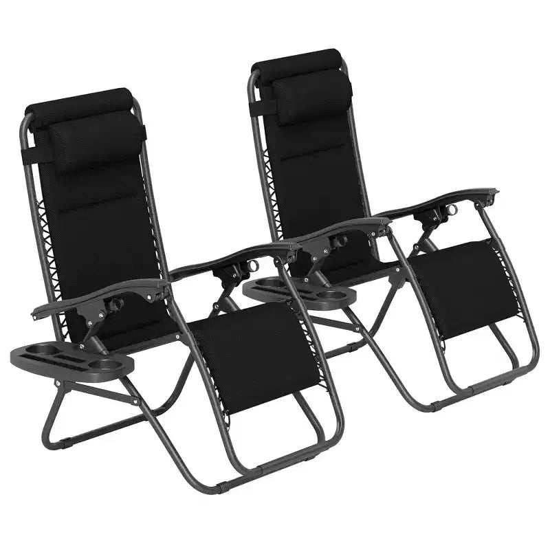 Zero Gravity Lounge Chair Set, 2 Pieces Reclining Folding Outdoor Lounge Chairs with Headrest Side Tray