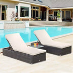 Chaise Lounge Chair Set of 2 with 5 Angle Backrest, Outdoor Coffee Table, Water Repellent Cushions, PE Rattan Wicker Poolside Chairs
