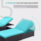 Chaise Lounge Chair Set of 2 with 5 Angle Backrest, Outdoor Coffee Table, Water Repellent Cushions, PE Rattan Wicker Poolside Chairs
