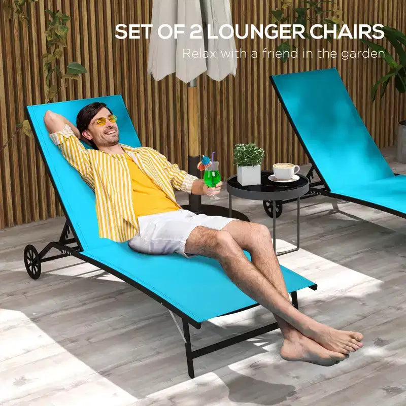 Chaise Lounge Outdoor, 2 Piece Lounge Chair with Wheelsning Chair with 5 Adjustable Positions for Patio, Beach, Pool