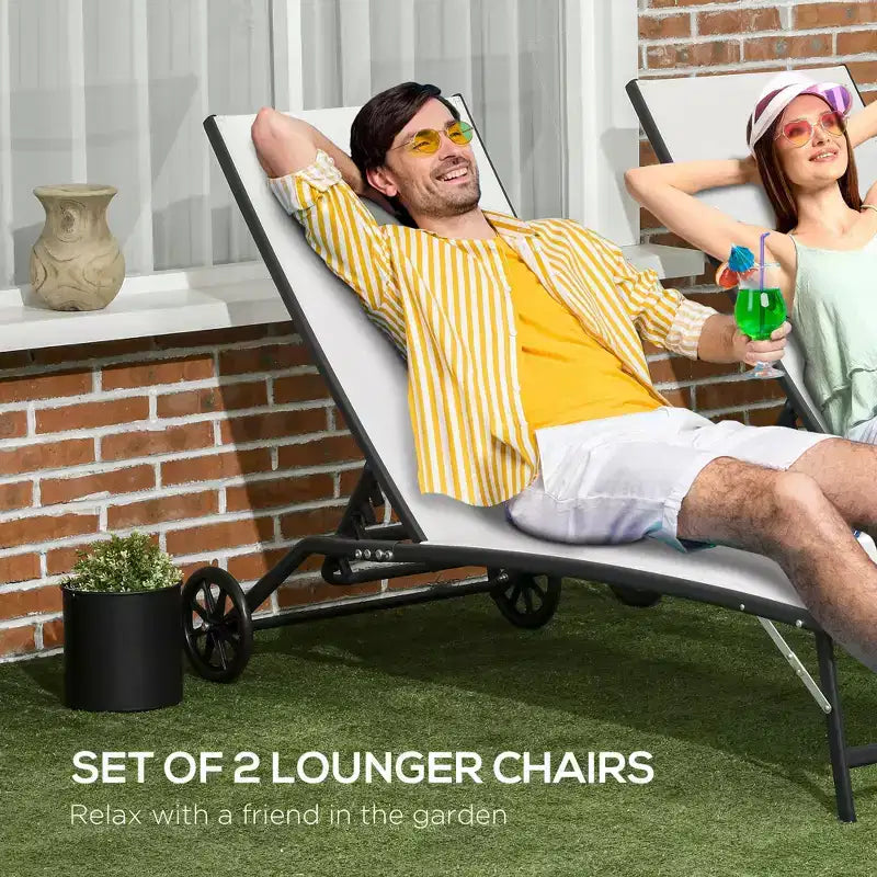 Chaise Lounge Outdoor, 2 Piece Lounge Chair with Wheelsning Chair with 5 Adjustable Positions for Patio, Beach, Pool