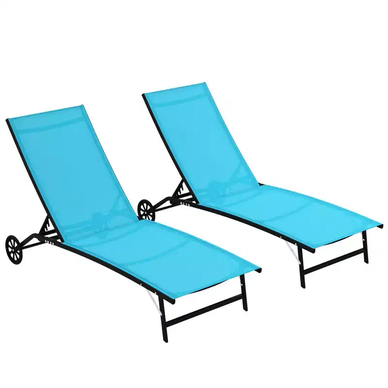 Chaise Longue da Esterno, Sedia a Sdraio a 2 Pezzi con Ruote e 5 Posizioni Regolabili per Patio, Spiaggia, Piscina