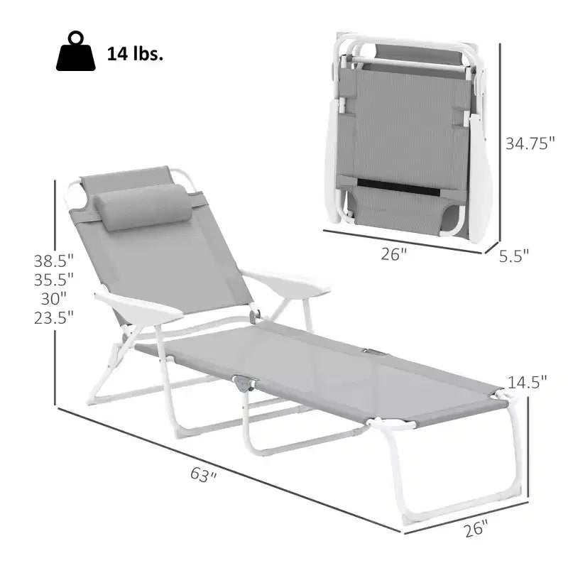 Folding Chaise Lounge, Outdoor Sun Tanning Chair, 4-Position Reclining Back, Armrests, Removable Pillow