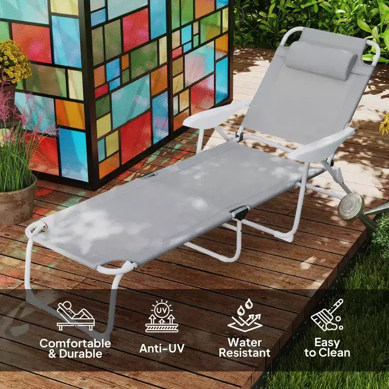 Folding Chaise Lounge, Outdoor Sun Tanning Chair, 4-Position Reclining Back, Armrests, Removable Pillow