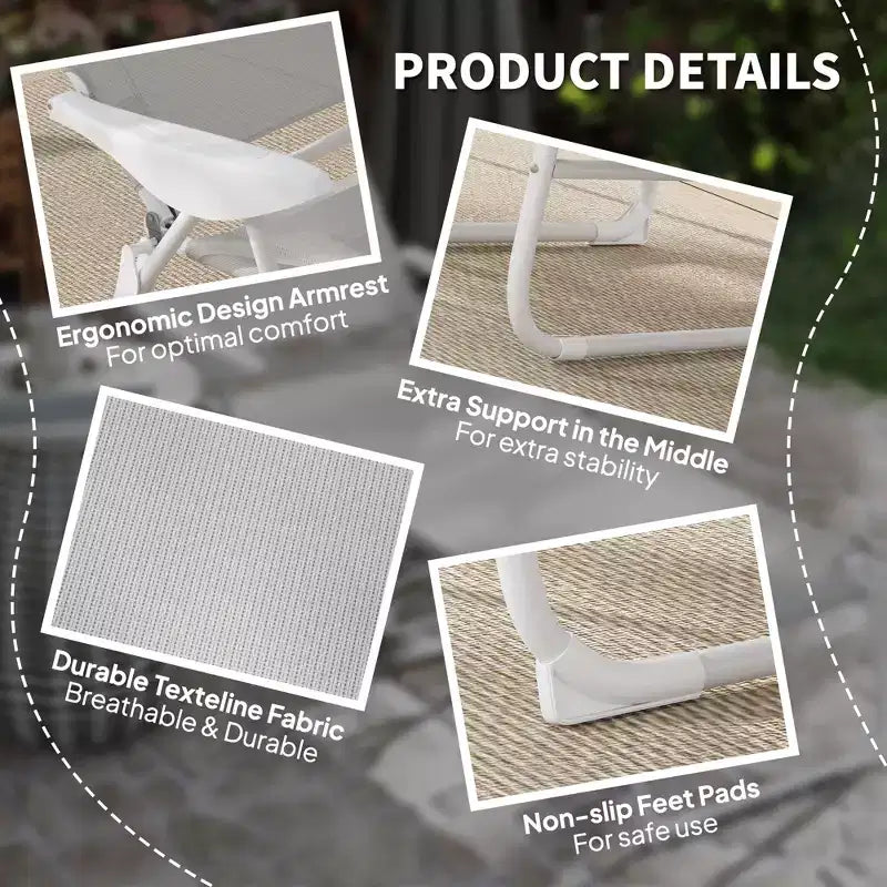 Folding Chaise Lounge, Outdoor Sun Tanning Chair, 4-Position Reclining Back, Armrests, Removable Pillow