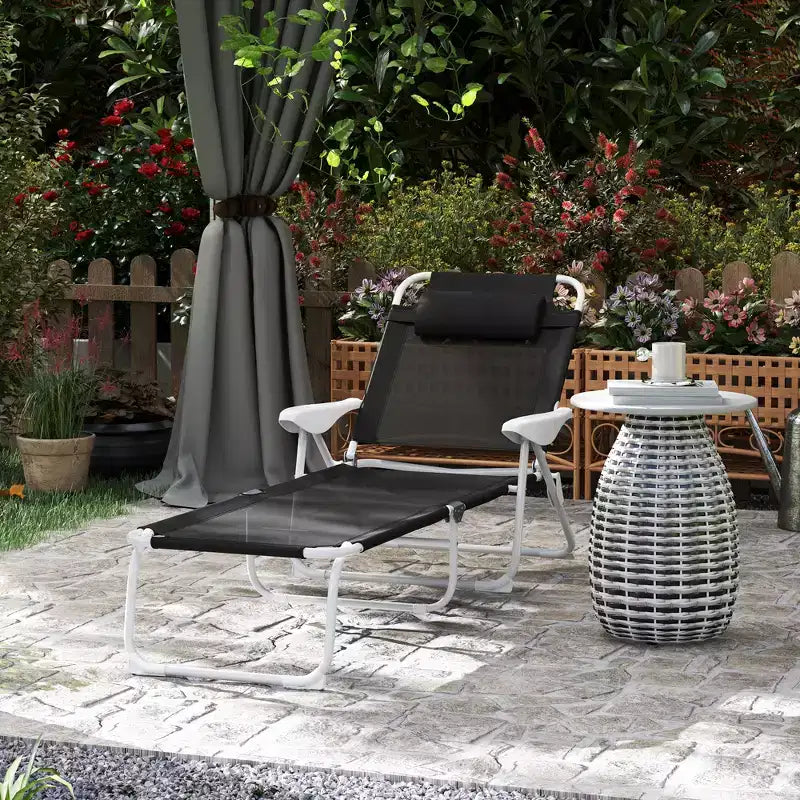 Folding Chaise Lounge, Outdoor Sun Tanning Chair, 4-Position Reclining Back, Armrests, Removable Pillow