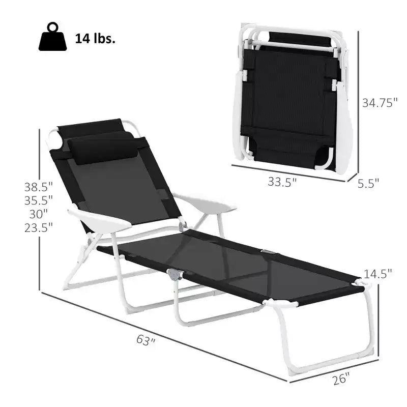 Folding Chaise Lounge, Outdoor Sun Tanning Chair, 4-Position Reclining Back, Armrests, Removable Pillow