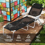 Folding Chaise Lounge, Outdoor Sun Tanning Chair, 4-Position Reclining Back, Armrests, Removable Pillow