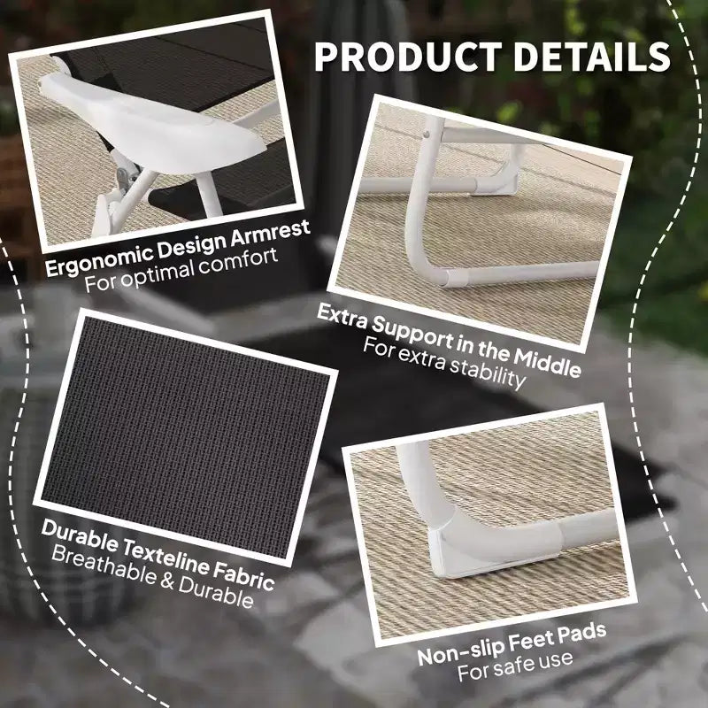 Folding Chaise Lounge, Outdoor Sun Tanning Chair, 4-Position Reclining Back, Armrests, Removable Pillow
